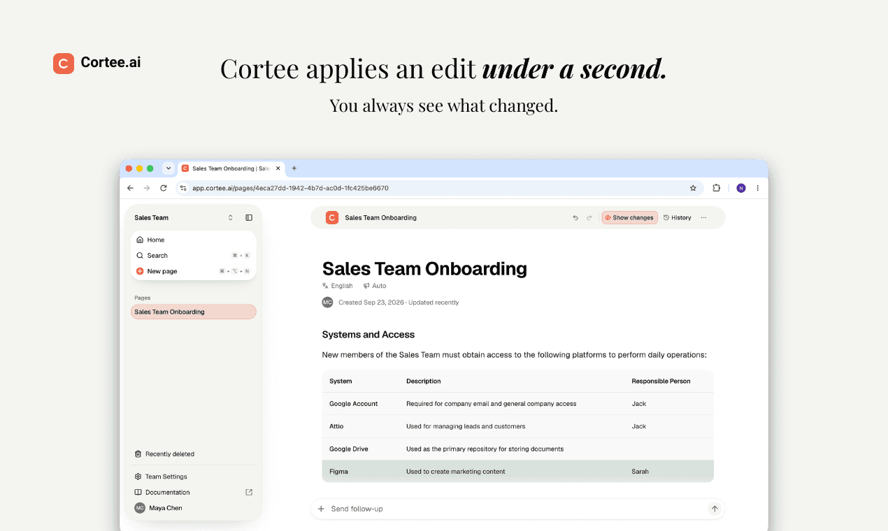 Cortee applying an AI edit to the Sales Team Onboarding page, with the changed step highlighted so the reviewer can view what has changed.