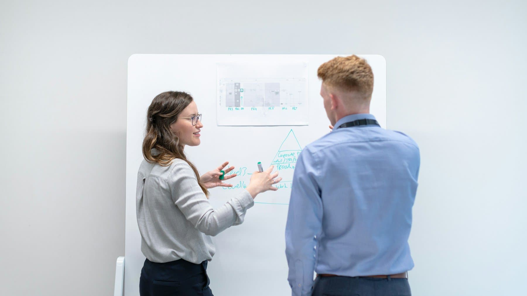 Zwei Kolleginnen und Kollegen besprechen Optionen und Ideen an einem Whiteboard im Büro